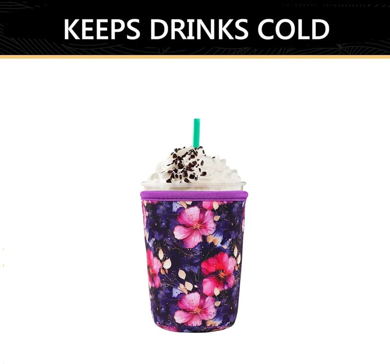 YR Reusable Neoprene Insulator Sleeve for Iced Coffee Cups, 3 Pack Coffee Coolies sleeves for Iced & Hot Drinks, Cold Beverage Cooler Compatible with Starbucks Coffee and More (Fuchsia Floral) - Image 4